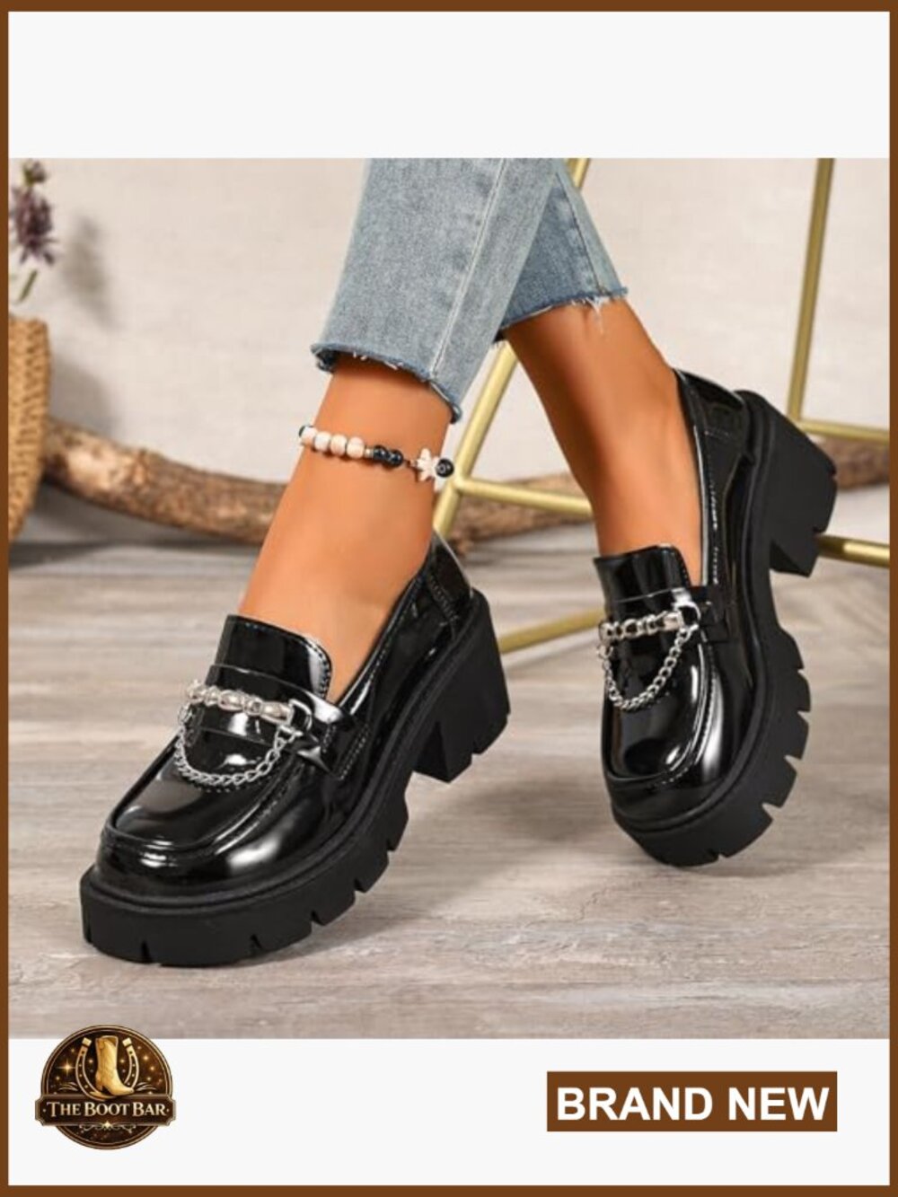 Chunky Heel Platform Loafers with Chain Detail Slip-On Lug Sole Dress Shoes - Picture 2 of 7